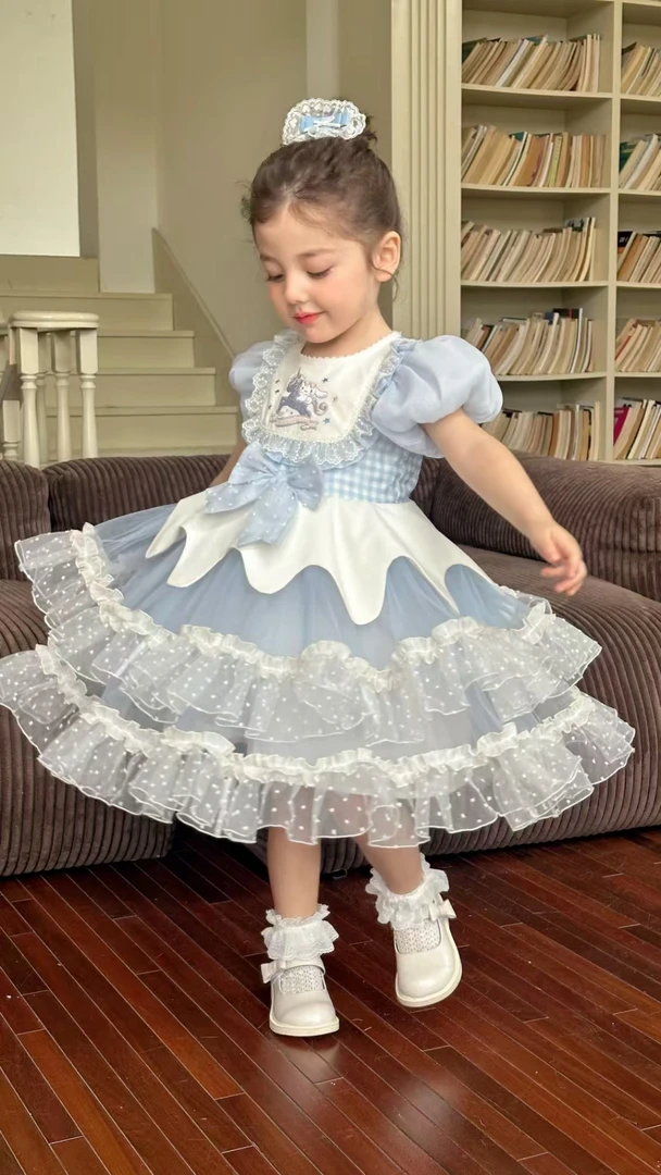 mooimori莫莉岛女童2025夏季新款玉桂狗蓝色公主礼服蓬蓬连衣裙子