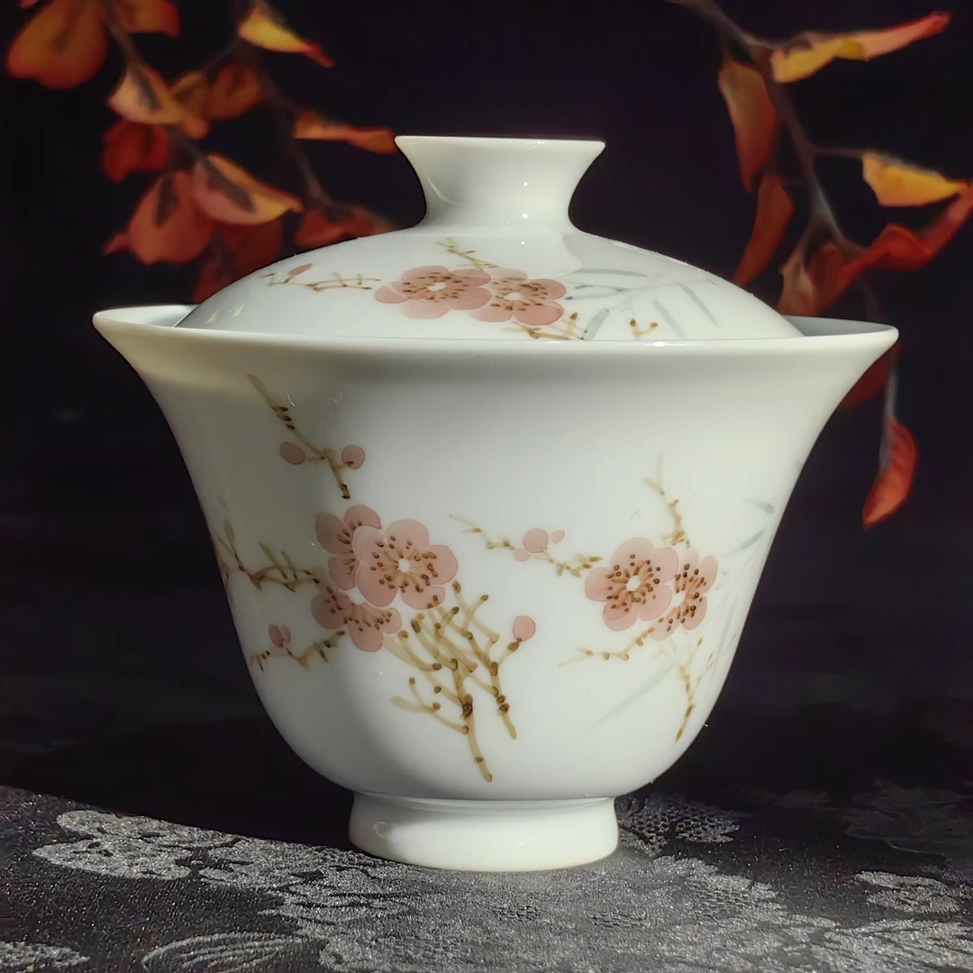 元煦窑 釉下五彩水点桃花盖碗 YXY004