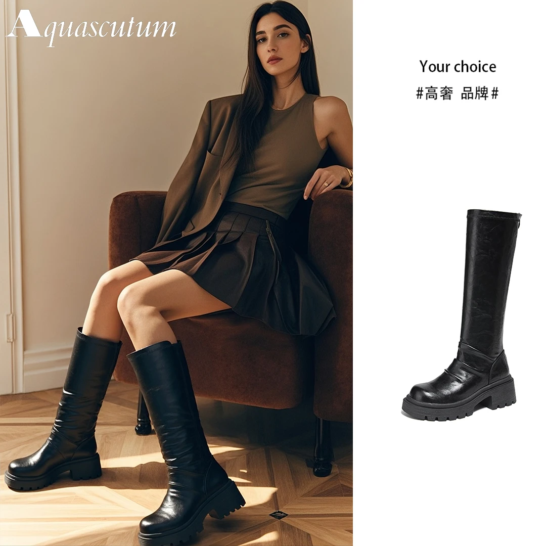 Aquascutum/雅格狮丹增高舒适百搭长靴女2025秋新款美式简约短靴