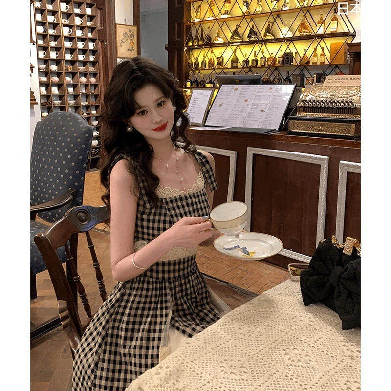 日本无印mujie法式收腰格纹吊带裙女夏季流行单品新款连衣裙拼接