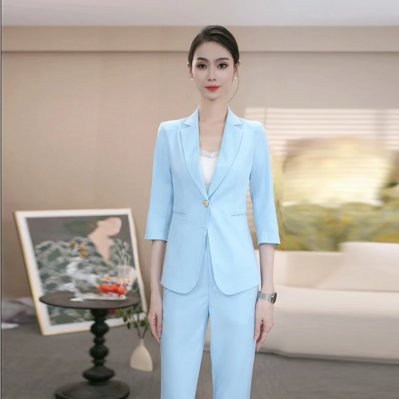 浅蓝色西装套装女2025春夏高级感气质显白时尚中袖小个子套装