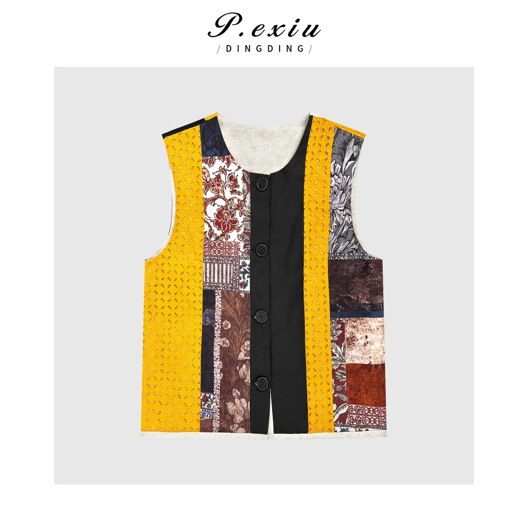 新中式镂空拼接圆领撞色马甲Q5623