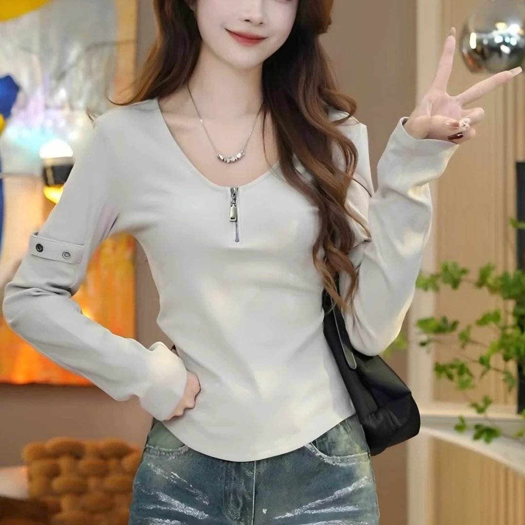 时尚纯色V领长袖t恤女2025春秋新款设计感小众半拉链体恤打底衫潮
