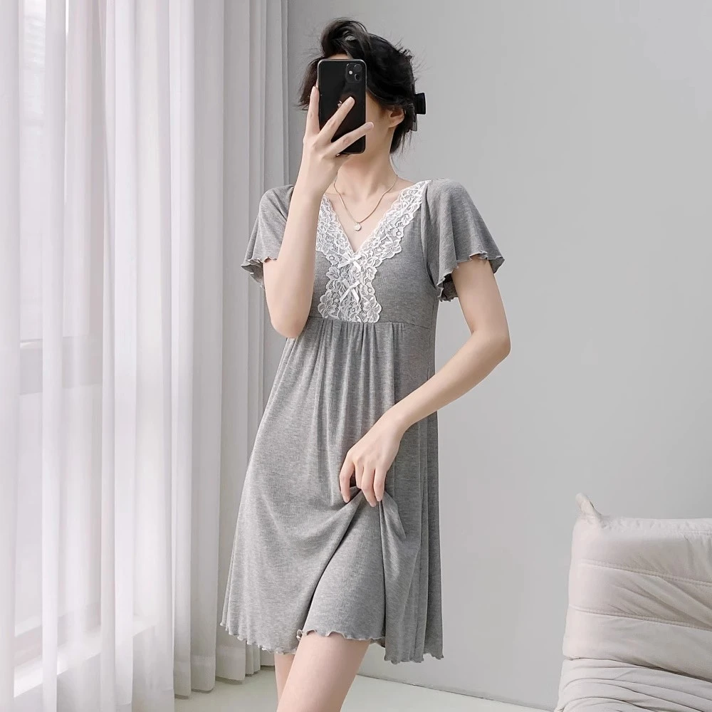 睡裙女2025新款夏季带胸垫莫代尔宽松性感蕾丝花边短袖薄款家居服