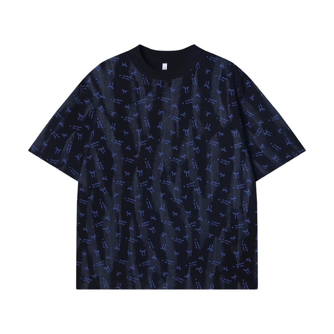 夏季高级感新款韩版字母蝴蝶结印花圆领短袖T恤撞色情侣宽松上衣