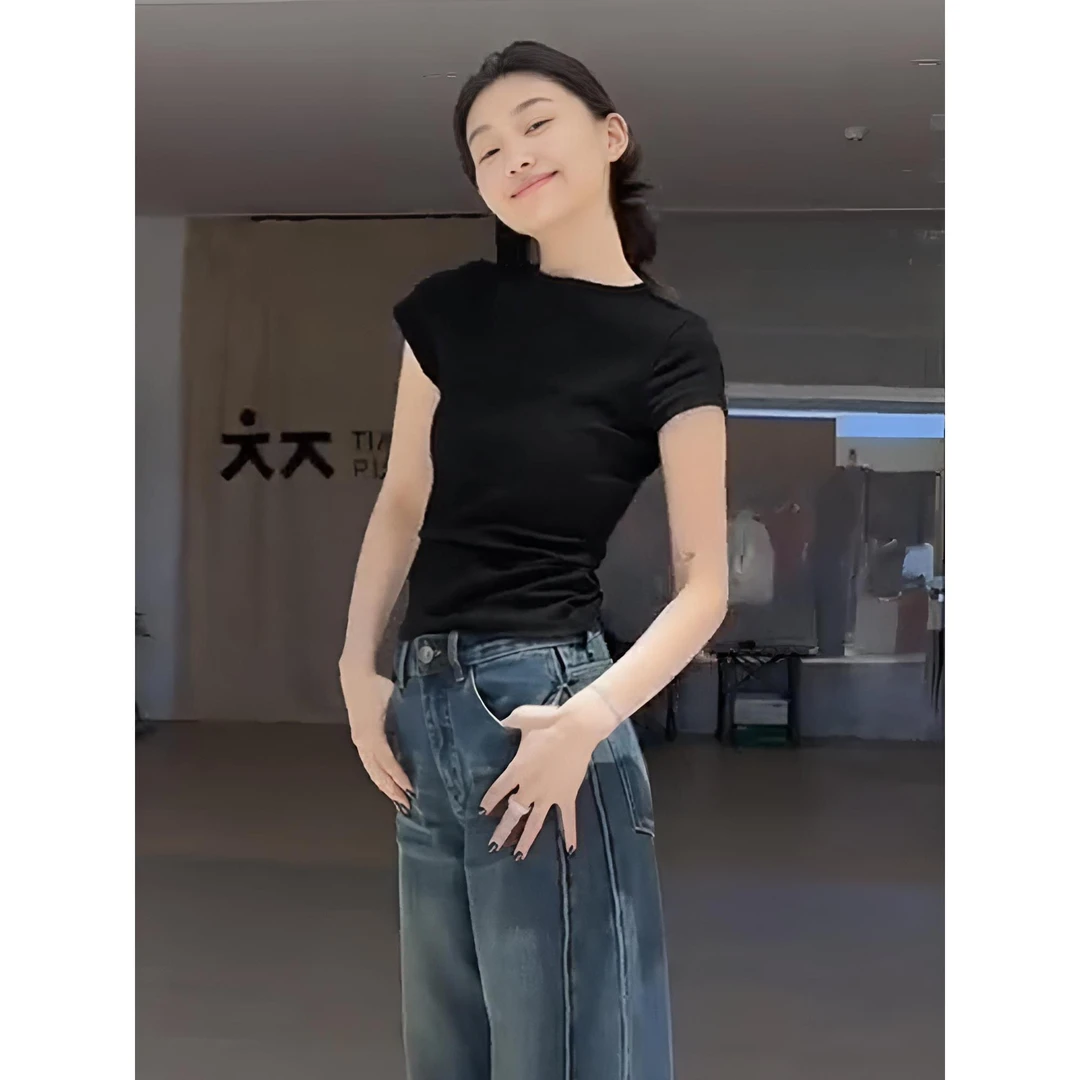 2025夏季新款短袖t恤女正肩黑色半高领上衣服修身显瘦针织打底衫