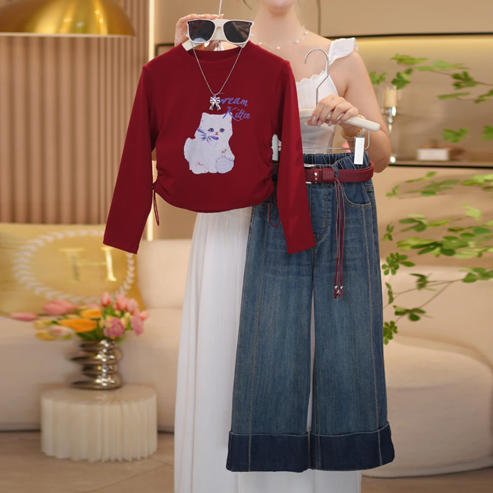 【闺蜜家】女童秋季2025新款时尚卡通猫T恤打底上衣牛仔裤套装-8691