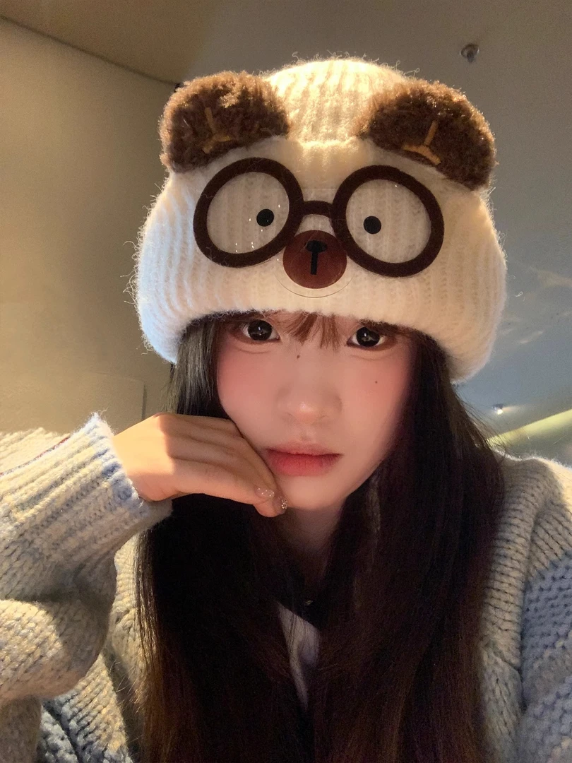 新款可爱猫耳针织帽女秋冬保暖大头围显脸小卡通猫咪眼镜护耳帽子