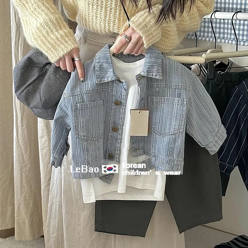 杰米熊【91%好评率】韩国童装男童春装新款酷潮时髦浅蓝色条纹牛仔