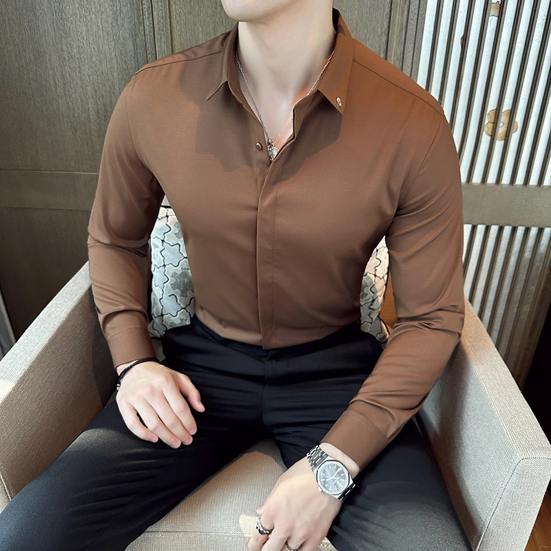 稻草人春秋高级感男士韩版修身休闲百搭白衬衫痞帅纯色职业长袖