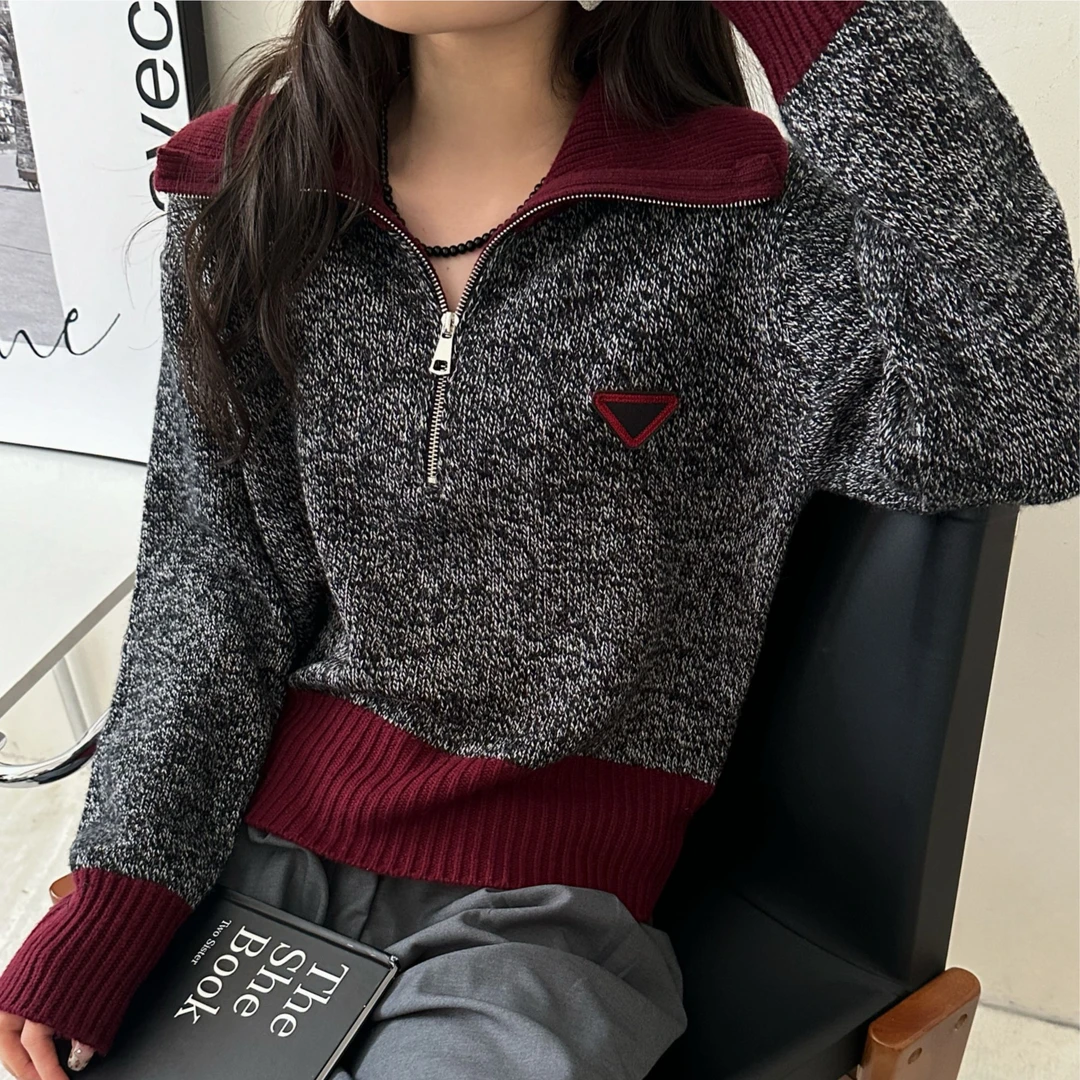 撞色花纱翻领长袖毛衣外套拉链设计毛针织衫