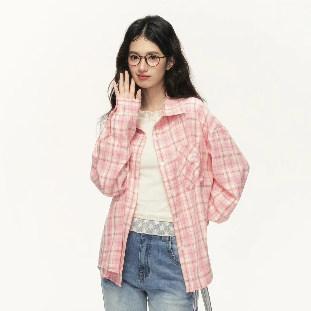 umoumo 乌蘑（原 ntot）粉格纹宽松衬衫翻领长袖上衣女NOTCS24376