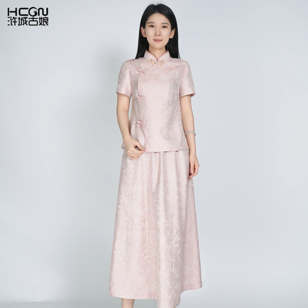 2025新款中式刺绣桑蚕丝女若桃花罗套装HBSS050381+HBSS050382