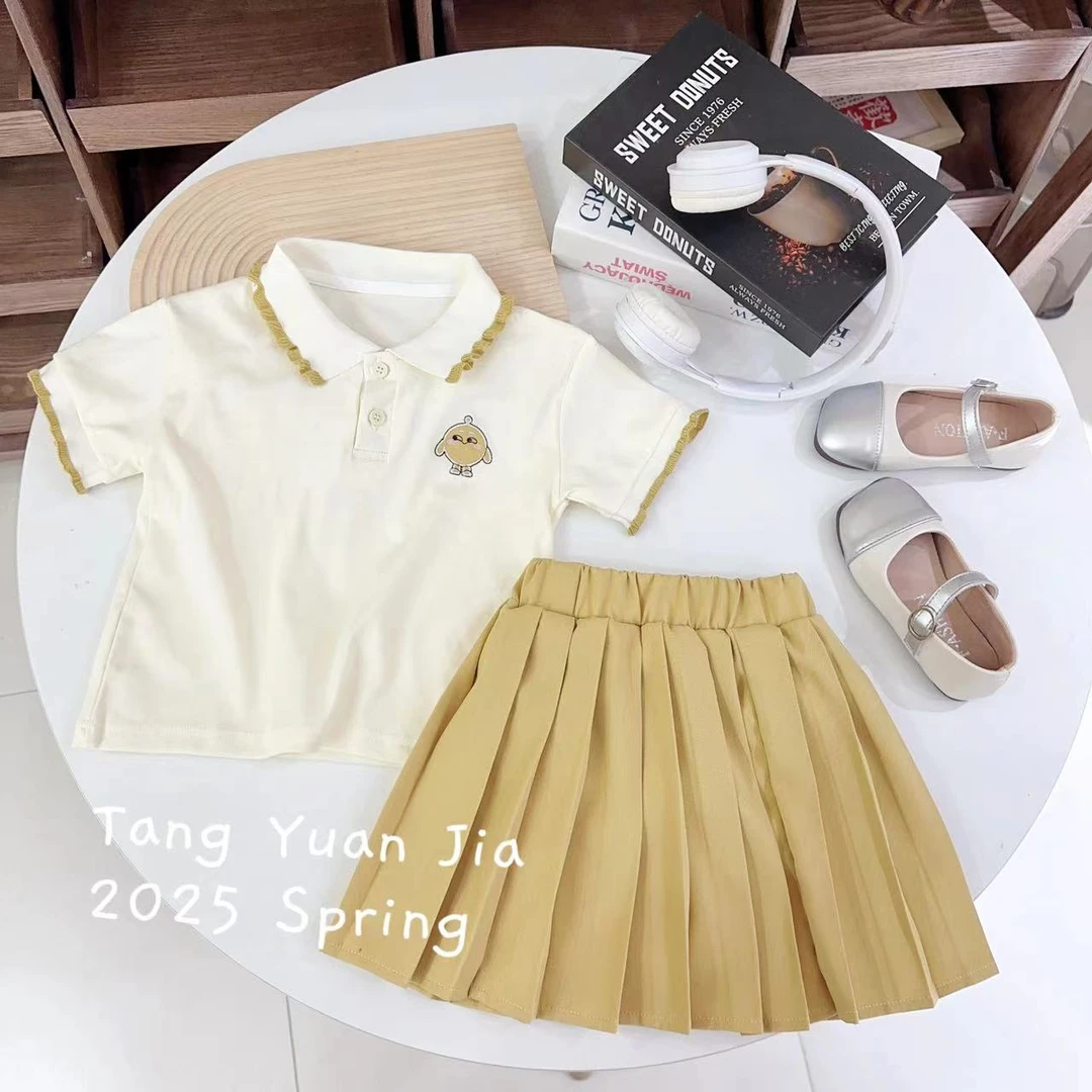 汤圆家童装2025夏季新款学院风卡通蛋仔刺绣百褶裙套装 YA-1234