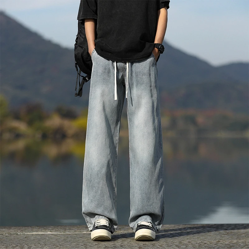 夏季新款冰丝牛仔男士夏季裤子薄款直筒宽松复古垂感简约风牛仔裤