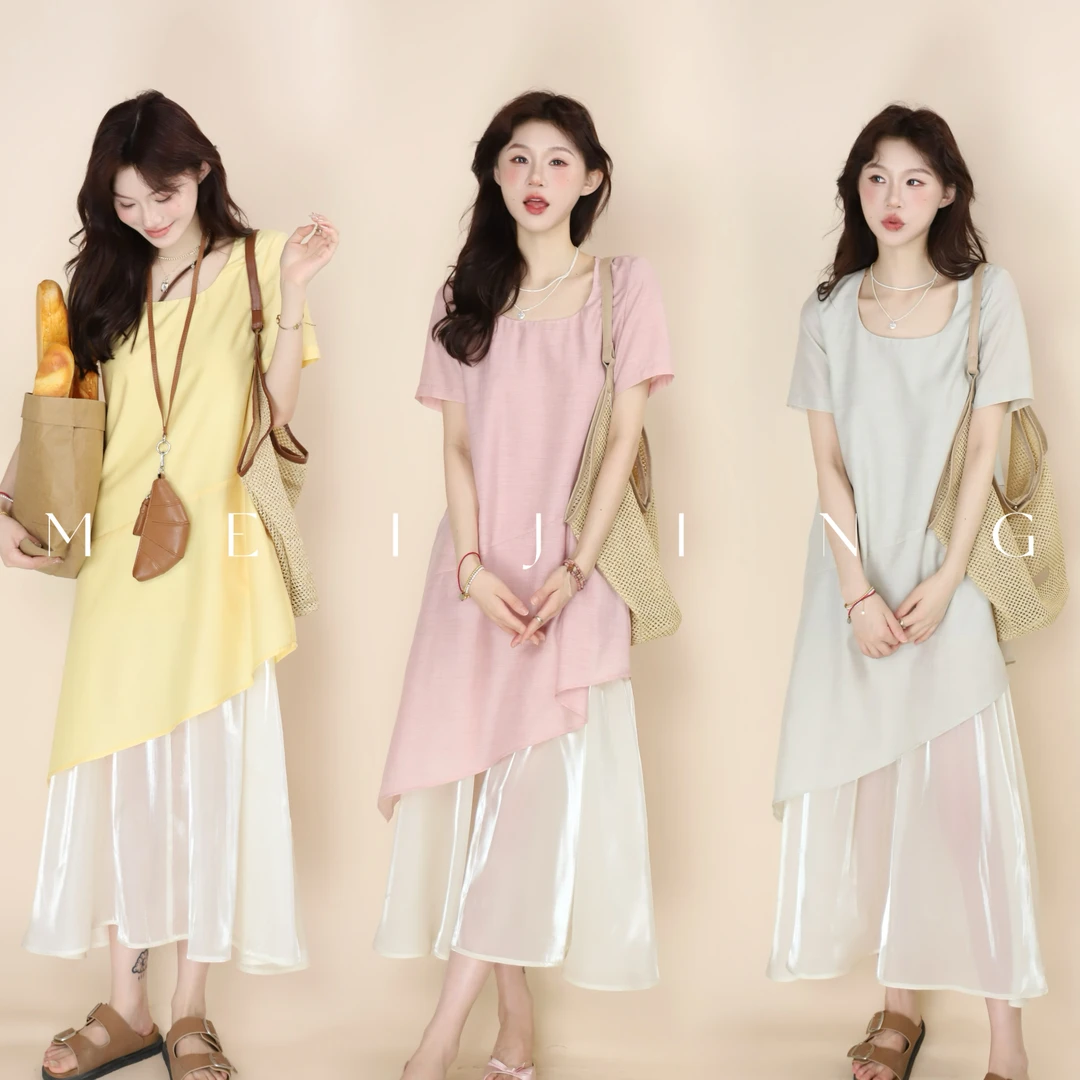 美静在这【尘中雾】不规则拼纱t恤连衣裙夏新品设计感长裙XMZH3865