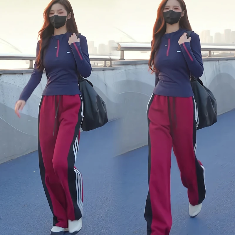 时尚套装女修身秋季新款长袖短款半拉链T恤上衣休闲阔腿裤两件套