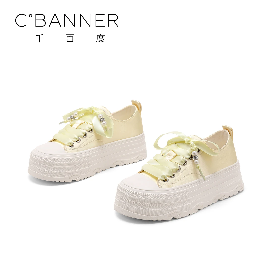 C.BANNER/千百度厚底增高休闲鞋2025新款女圆头系带潮流板鞋