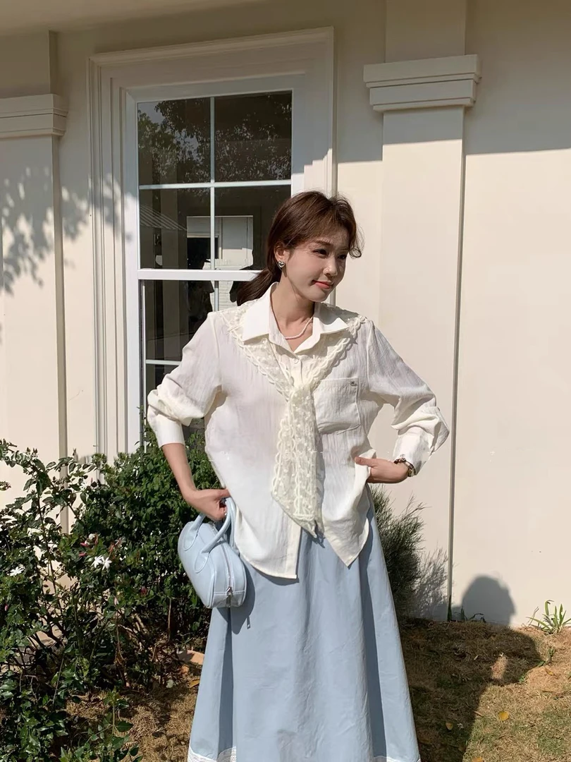 薇莎50035【蕾丝披肩】早春可拆披肩中长款衬衫外套