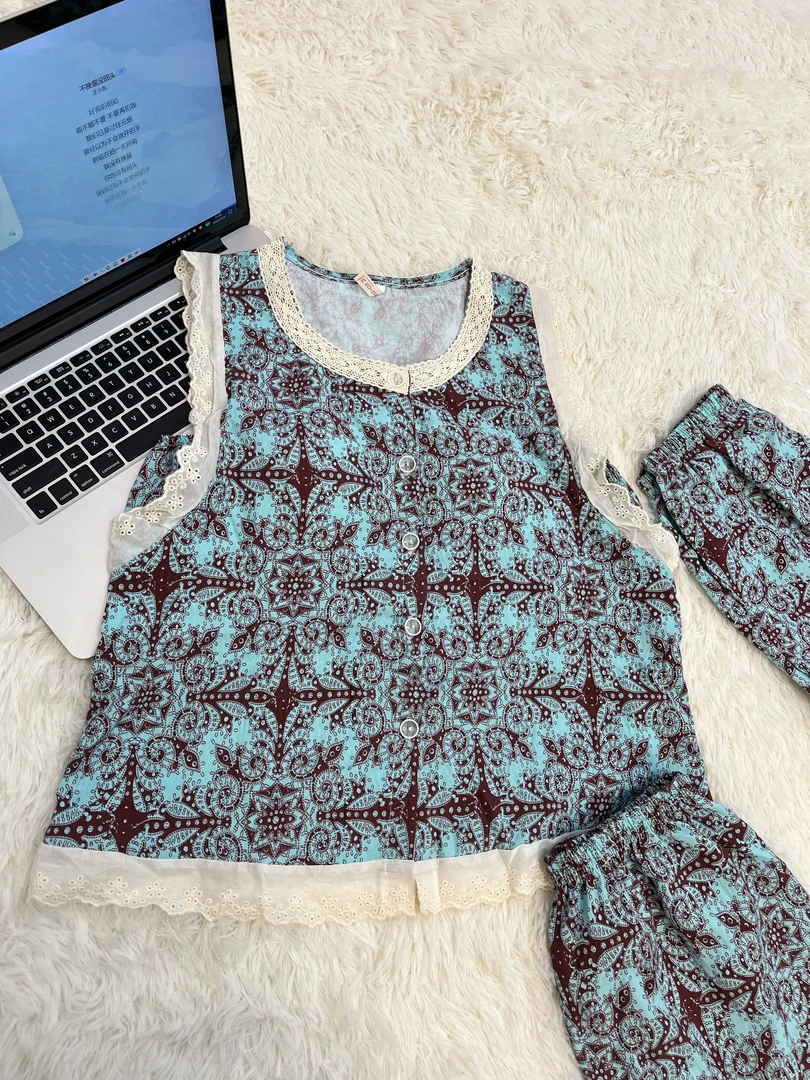 2025新款夏季带胸垫无袖天丝棉睡衣女高级感家居服三件套可外穿