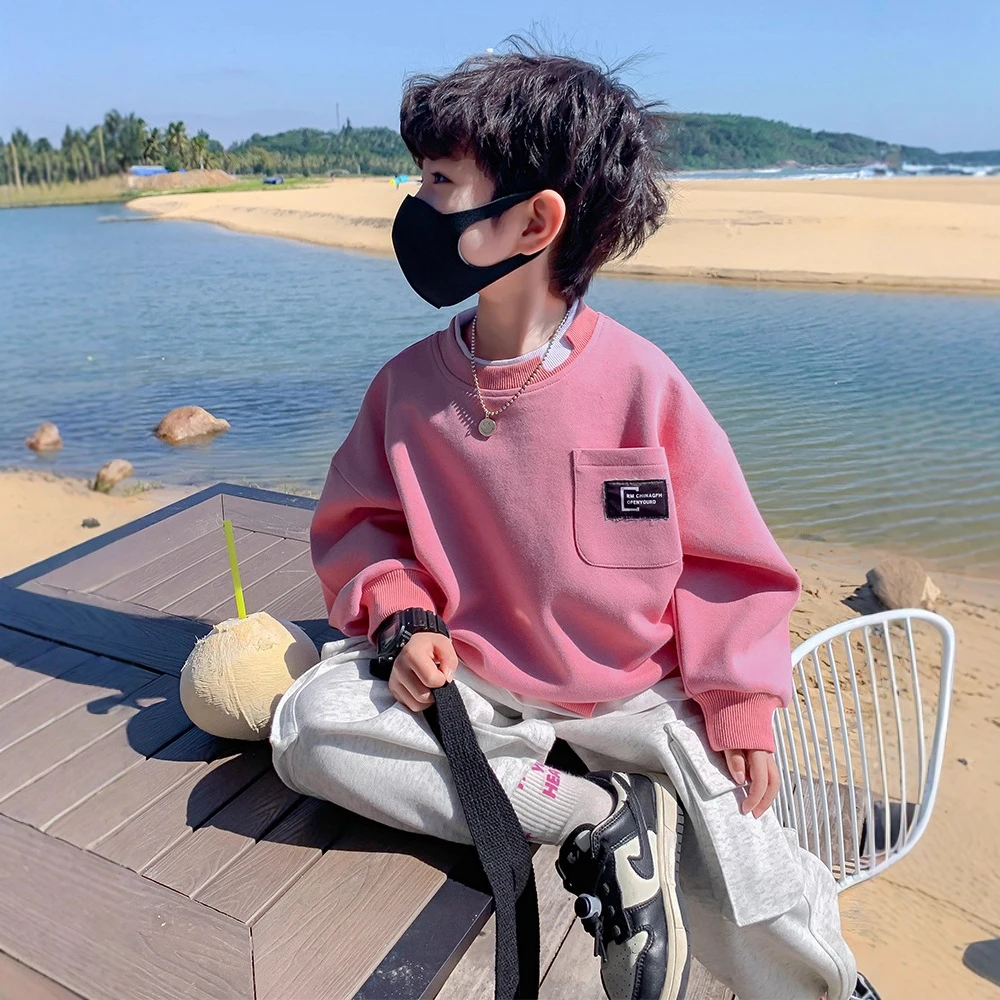 2025春秋款男童时尚韩版假两件卫衣儿童衣服男孩秋装韩系红色卫衣