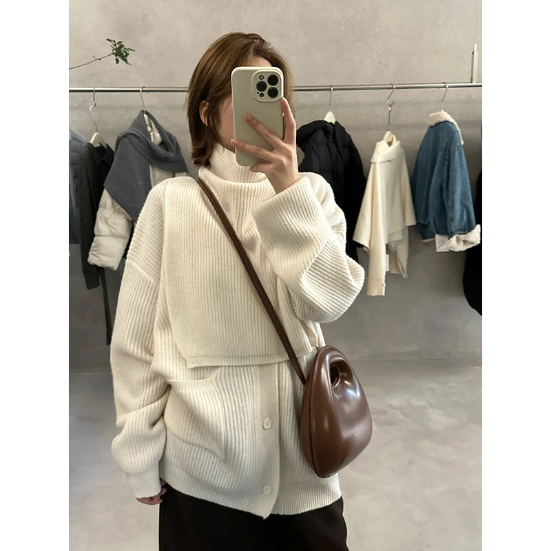 MMC时尚套装女冬季新款毛衣高级感100羊毛针织开衫高领披肩两件套