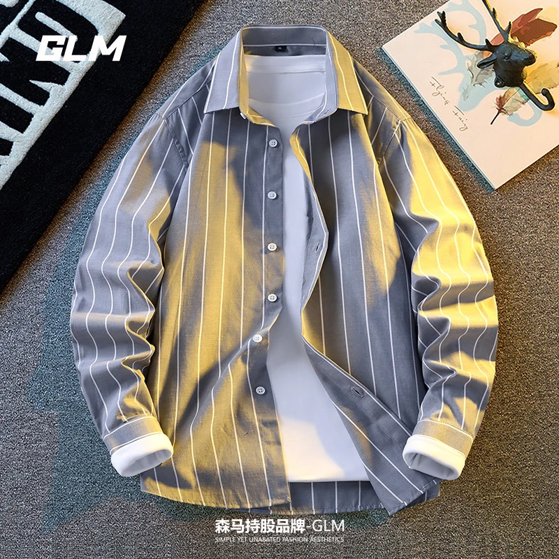 GLM日系条纹长袖衬衫男春秋季复古简约外套青年潮流休闲百搭衬衣