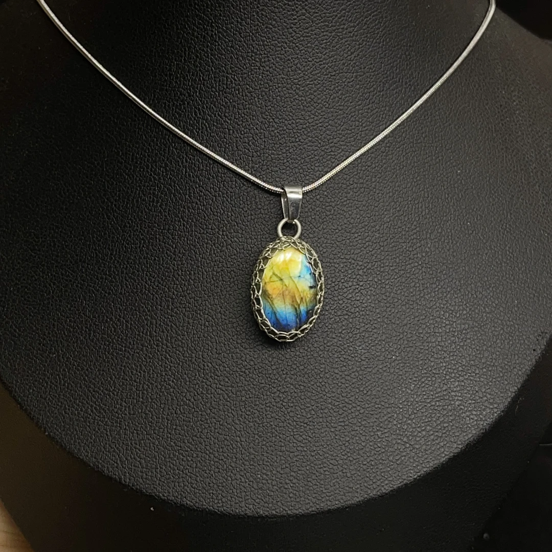 月光石/天河石/长石（处理）纯手工白铜网包吊坠