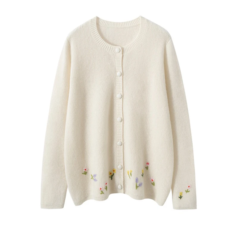 刘雯同款！手工钩花元宝针山羊绒开衫女圆领包扣宽松毛衣外套5004