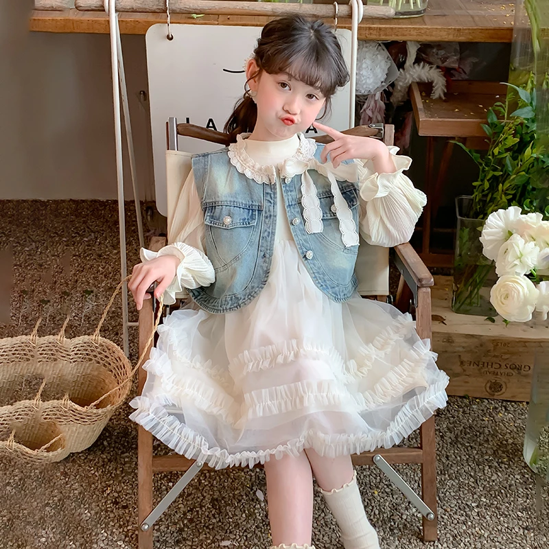 女童连衣裙春装2025新款洋气儿童马甲套装春秋中大童公主裙两件套