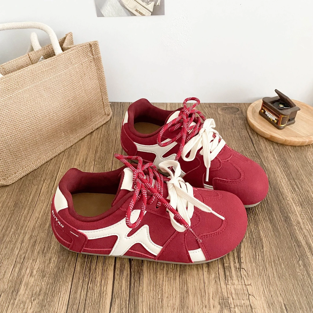 红色芒果头厚底德训鞋女2025秋季新款透气增高拼色鞋带百搭阿甘鞋