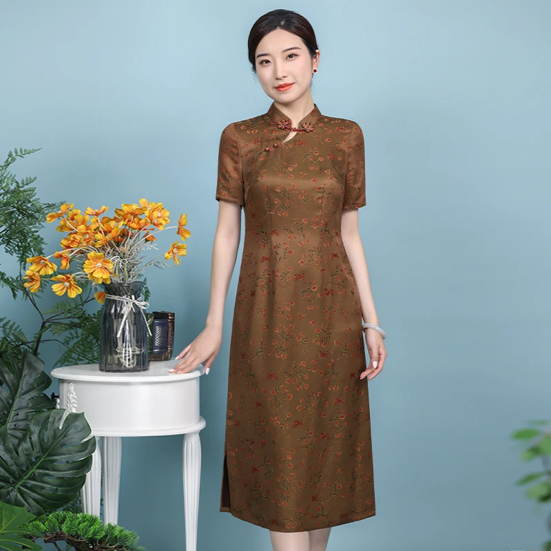 （崔万志旗袍）提花香云纱 桑蚕丝真丝旗袍连衣裙 手工花扣 WZ6287