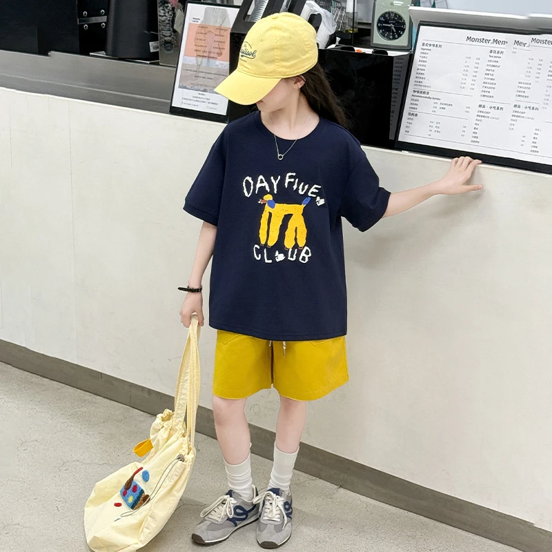 女童夏季套装2025新款洋气大童韩系短袖T恤夏装儿童装短裤两件套