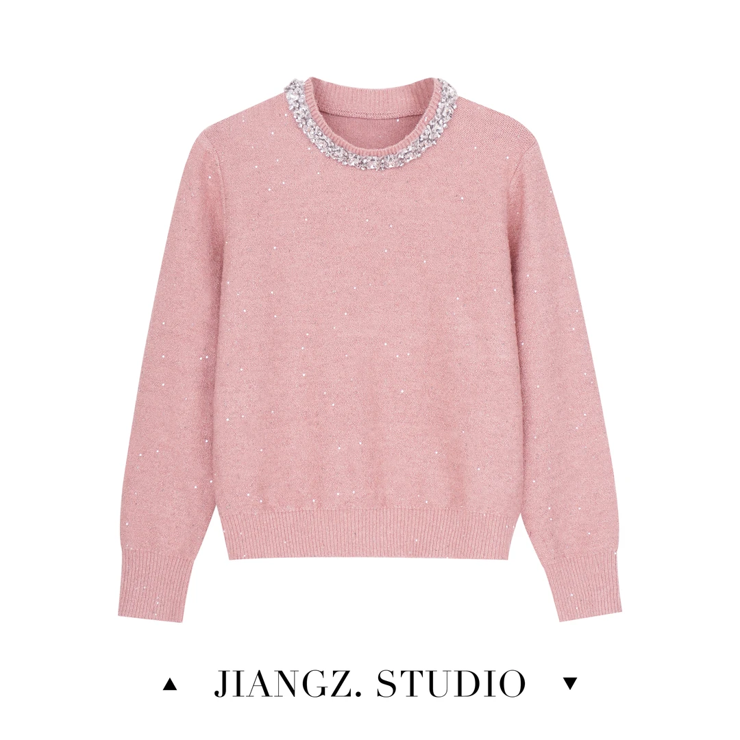 江洲（星耀）冬季新款加厚亮片时尚轻奢手工钉珠万能内搭针织毛衣