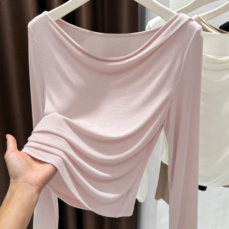 法式荡领粉色修身面膜t恤女长袖秋天穿搭上衣软糯温柔轻薄打底衫