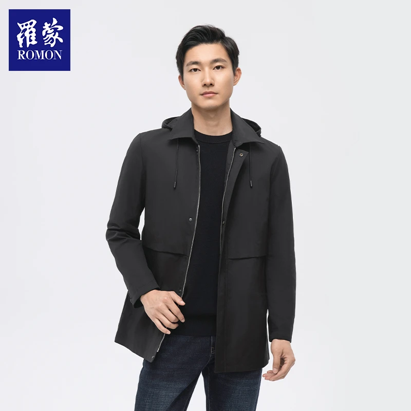 罗蒙男士风衣男款爆款2025新款商务休闲翻领可拆卸连帽中长款外套