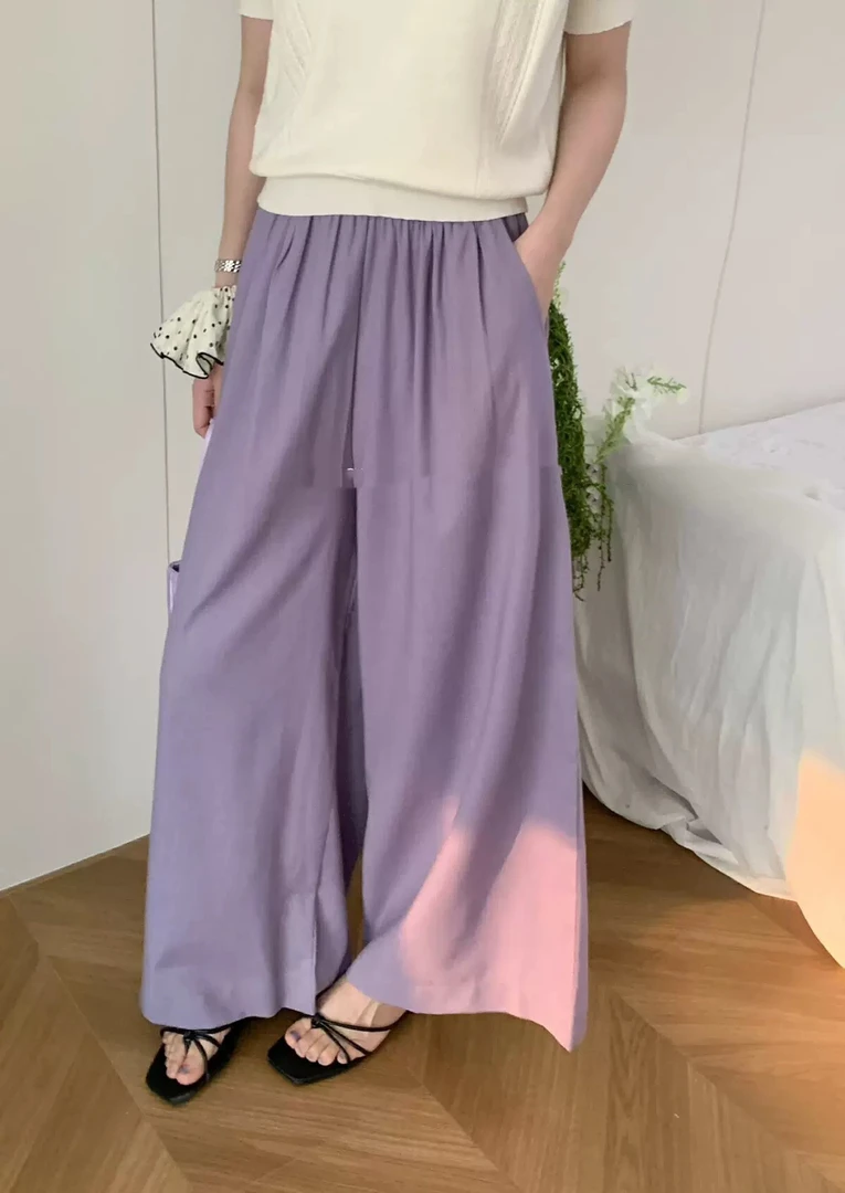 YIYI夏季麻料阔腿裤百搭休闲简约松紧腰裤子女25066