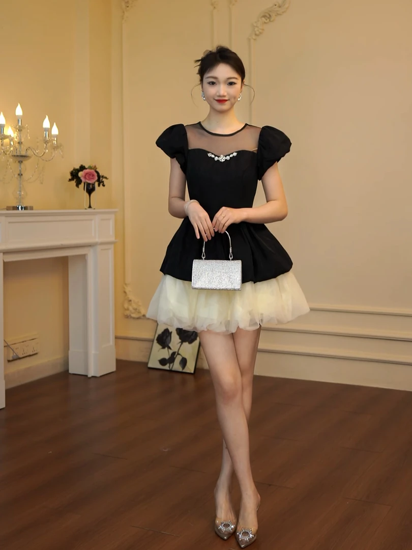 高腰静奢风拼接晚礼服黑色连衣裙夏季小黑裙抹胸型显瘦65336宴会