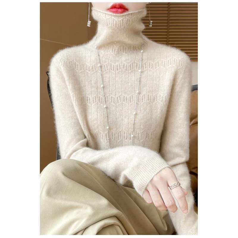 100%羊毛一线成衣堆堆领全钻镂空宽松打底衫D236