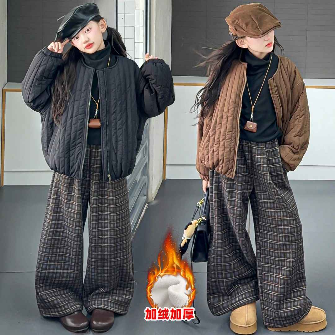 女童套装2025新款洋气时髦加绒加厚夹克外套休闲格子裤冬季两件套