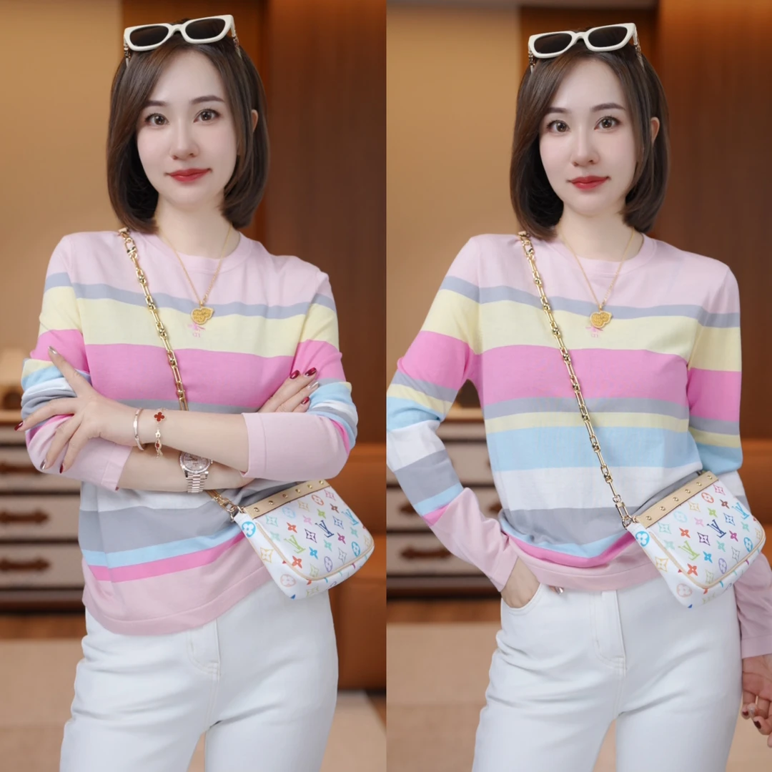 【夏日冰激凌】桑蚕丝莱赛尔刺绣拼色条纹针织上衣XY2589