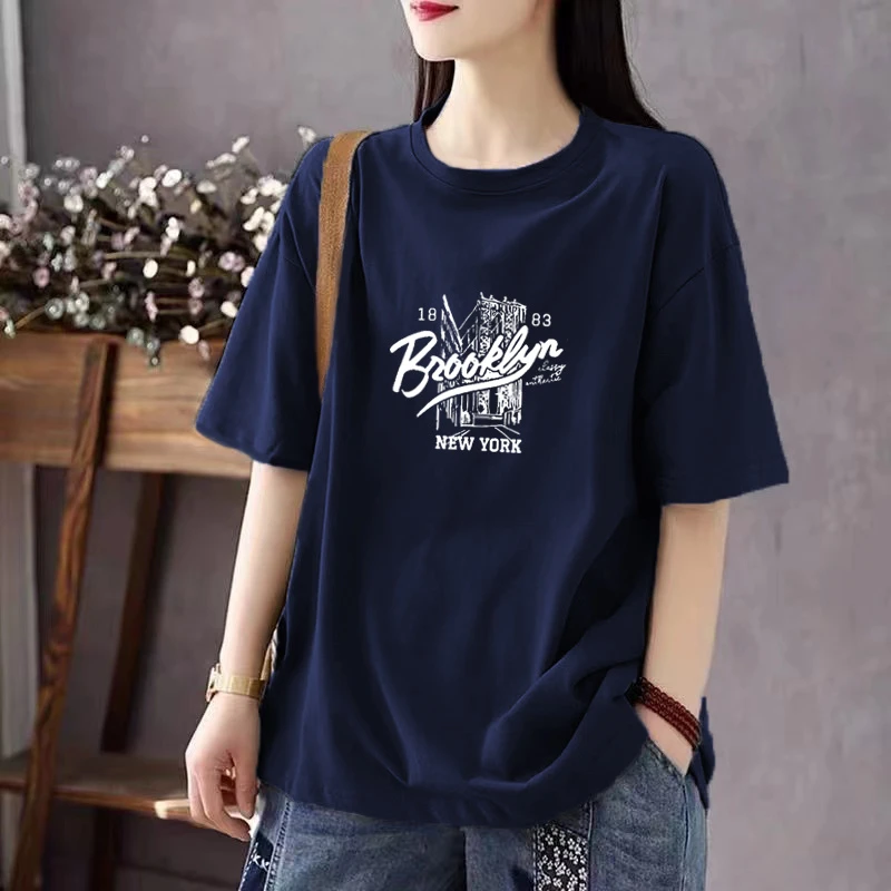 夏季时尚显瘦纯棉短袖T恤女装洋气新款宽松减龄大码女装圆领上衣