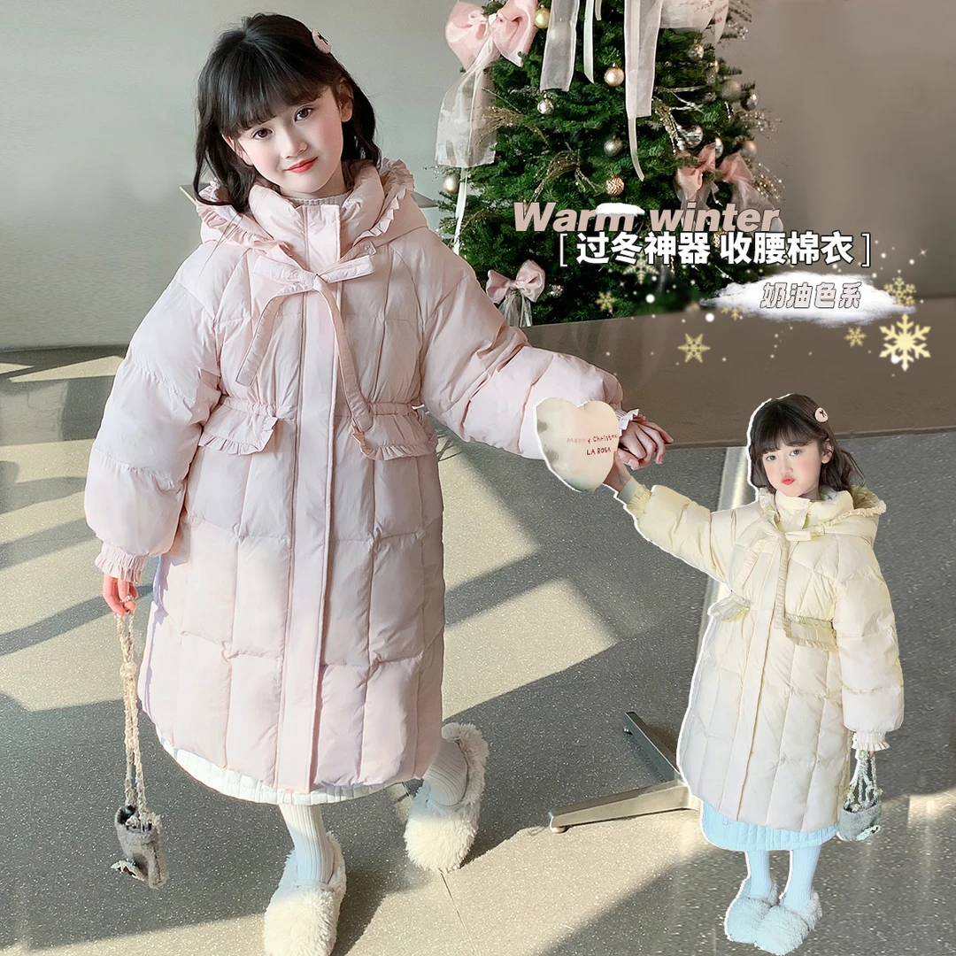 女童中长款收腰棉服外套冬装2025新款洋气中大童女孩儿童加厚棉衣