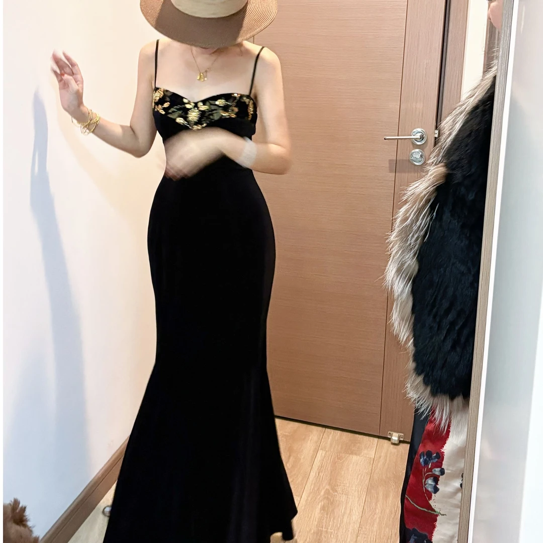 LHMknk1活动画报夫人原创自制弹力赫本钉珠刺绣鱼尾裙步步生莲