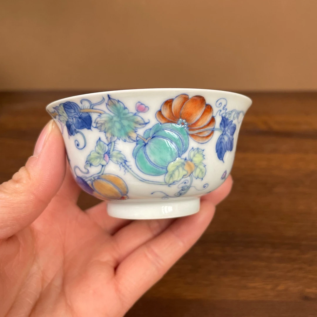 【鸿均堂】青花斗彩南瓜杯手工手绘景德镇茶具容量90毫升