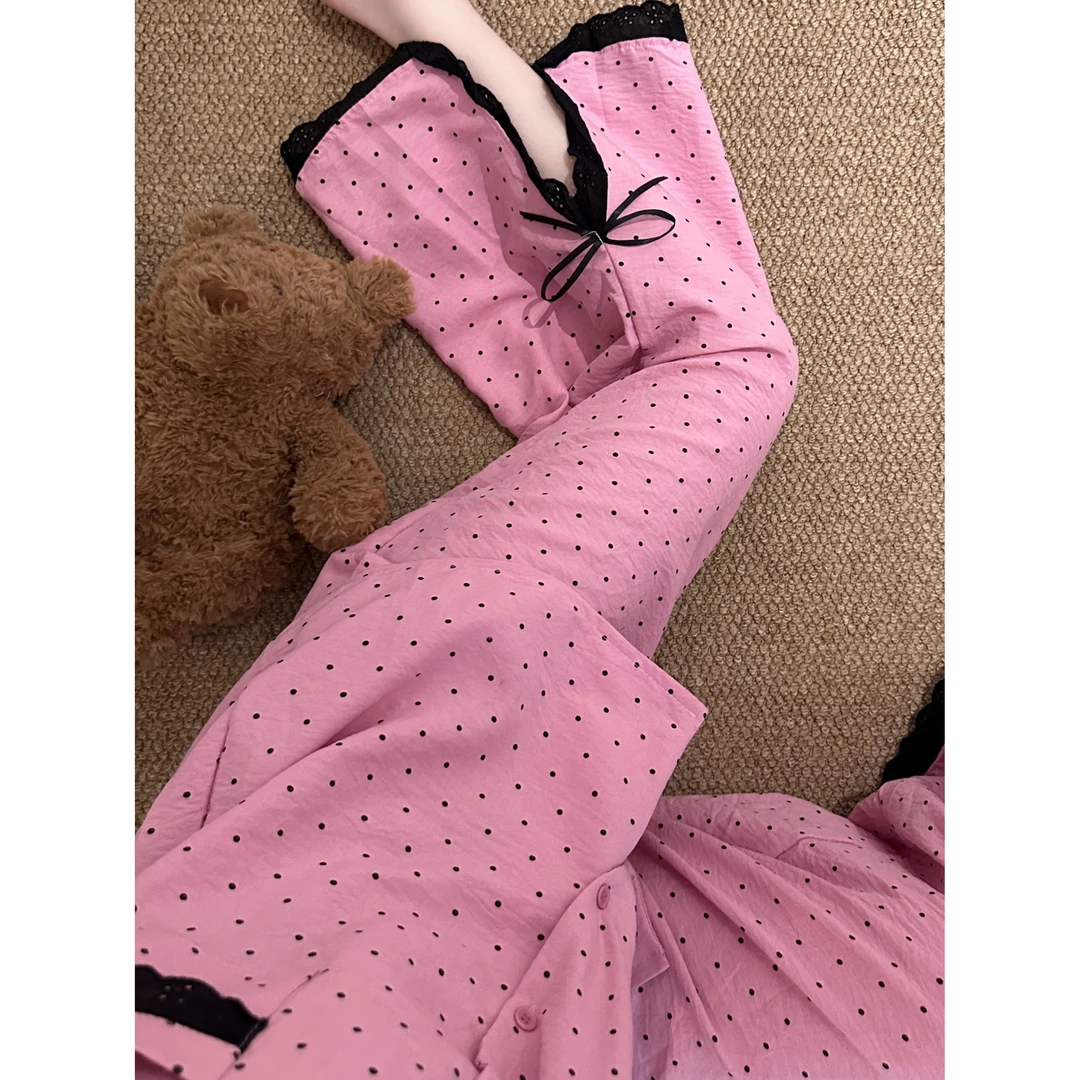 少女甜美花边短袖睡衣女款夏季2025年新款家居服开衫长裤大码套装