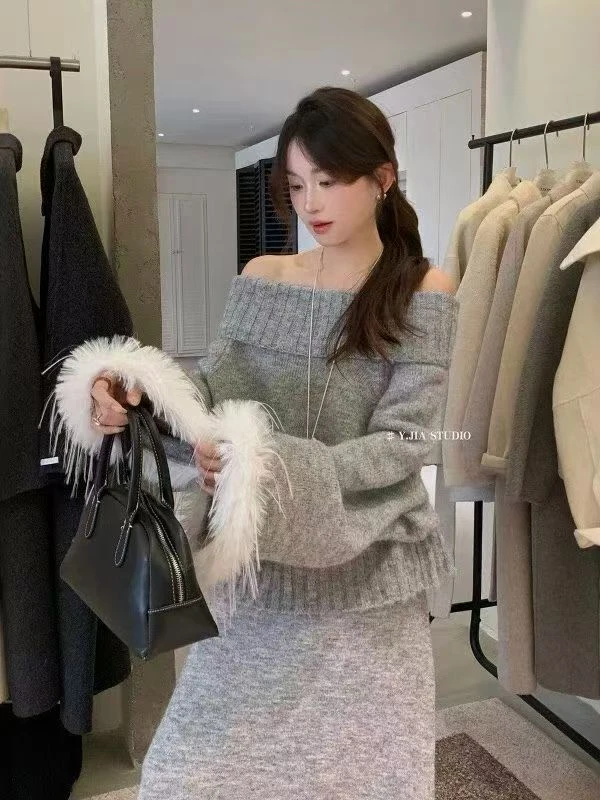 少女风法式时尚套装加厚针织上衣套装秋冬连衣裙宽松两件套