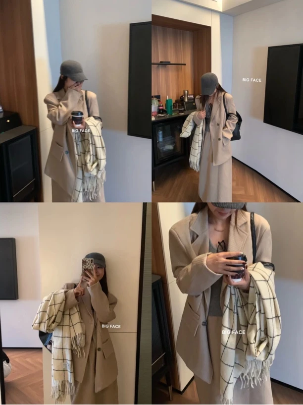 灰灰呀！韩代老板娘实拍 复古设计呢子西装外套+半身裙套装两件套