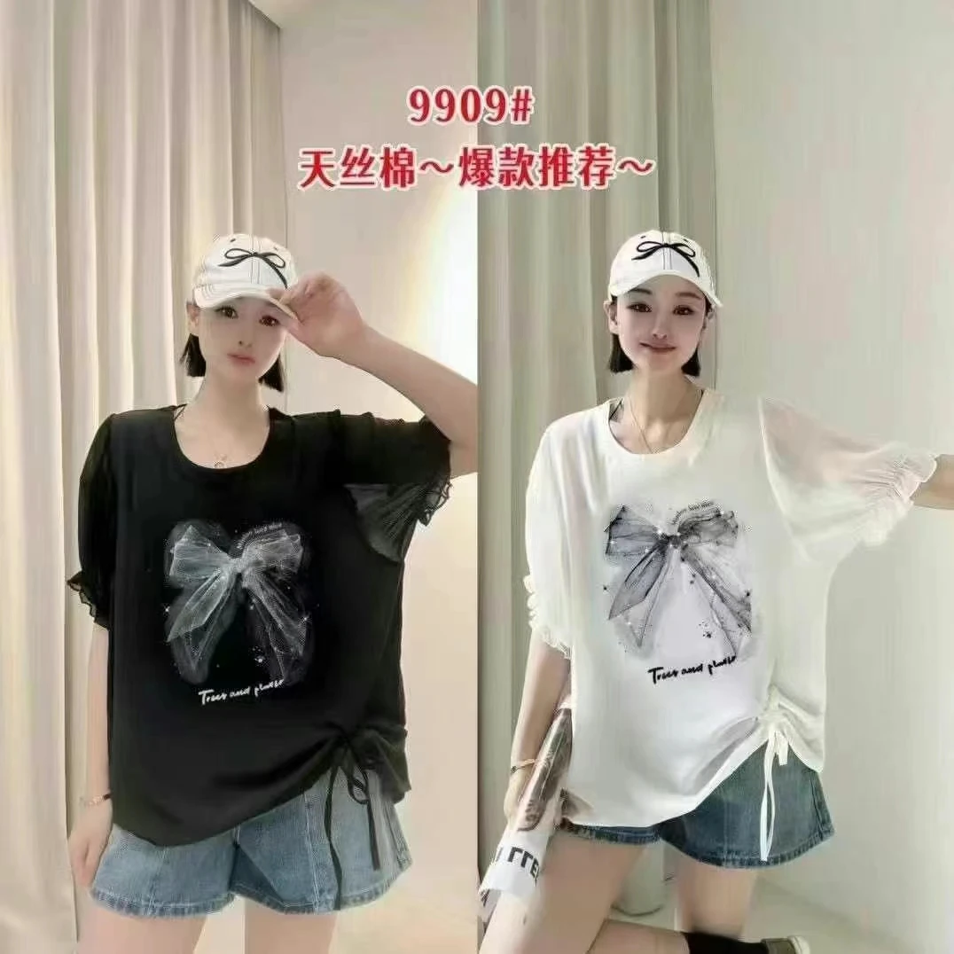 蝴蝶结短袖百搭时尚五分袖蝴蝶常规T恤圆领短袖宽松