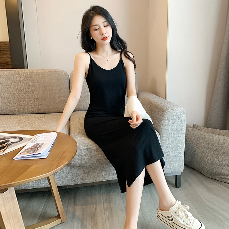 夏季大码吊带连衣裙女修身显瘦气质背心裙垂感中长款直筒裙打底裙
